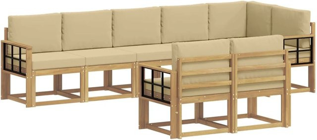 vidaXL Outdoor-Sofagarnitur 8-teilig in L-Form aus Akazienholz mit Kissen in Weiß und Beige - Bild 1