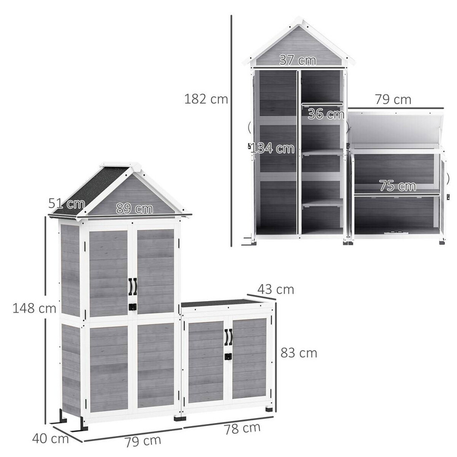 Outsunny 2 in 1 Gartenschrank aus Holz mit Satteldach und Ablage, wetterfester Geräteschuppen in Hellgrau, B/T/H: 89 x 51 x 182 cm - Bild 6