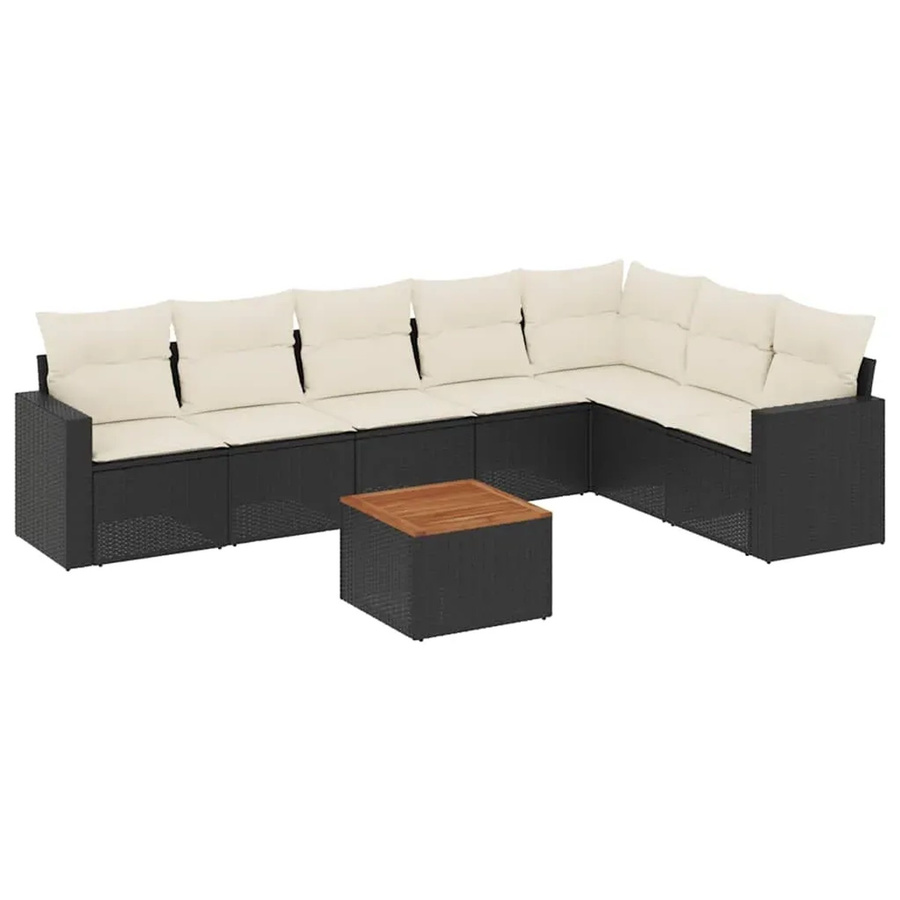 vidaXL 8-teilige Garten-Sofagarnitur in L-Form aus Poly-Rattan und Akazienholz mit Kissen in Schwarz-Creme - Bild 2