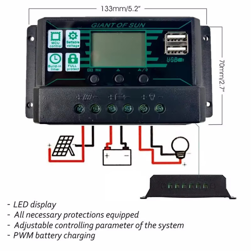 luxuglow MPPT PWM Solar-Laderegler für 12V 24V Solarpanels und LiFePO4 Lithium GEL Blei-Säure-Batterien in Schwarz - Bild 2
