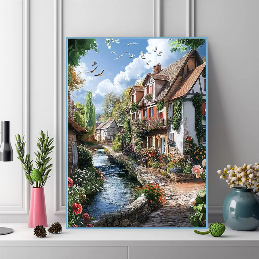 Momoart Diamantmalerei Set Haus-Landschaftsmuster mit Fluss-Motiv für Erwachsene und Anfänger, Mehrfarbig, B/H: 30 x 20 cm - Bild 3