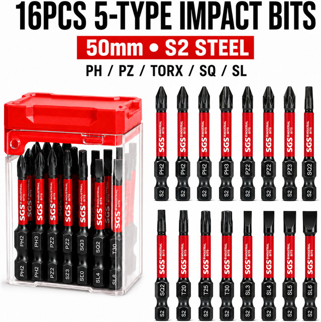 SGS 16-teiliges Magnetisches Schlagschrauber-Bit-Set aus S2-Stahl mit Aufbewahrungsbox, 50mm Multi-Typ-Bits (PH2, PZ2, SQ2, T20, T25, T30, SL3, SL4, SL5, SL6) - Bild 1