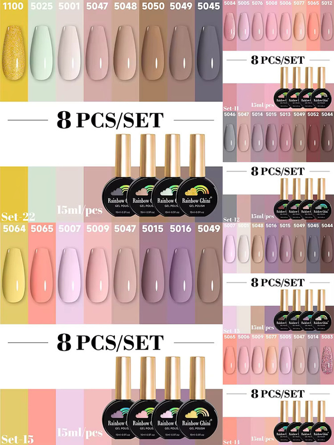 Rainbow Ghini UV-Nagellack, 8 x 15 ml, Rosa Glitzer, Rötlich-Braun, Gel - Bild 6
