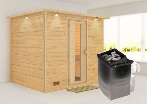 Karibu Sauna Paldiski aus Fichtenholz in Beige mit 9 kW Saunaofen und integrierter Steuerung für 4 Personen, B: 264 cm, T: 212 cm, H: 198 cm - Bild 1