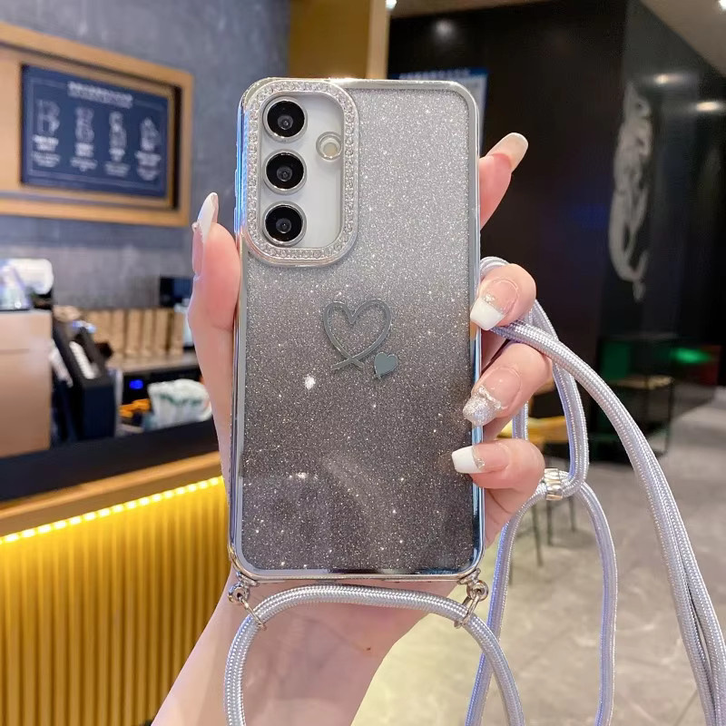 EHUIDE Glitzernde Handyhülle mit Umhängekordel für Samsung Galaxy S26 Ultra S25 FE S22 S23 S24 Plus A17 A56 in Silber – Stoßfeste Crossbody-Hülle mit Glitzer-Effekt - Bild 2