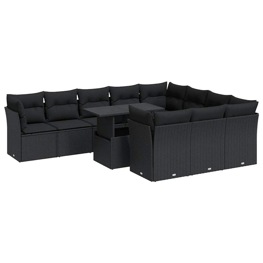 vidaXL 11-teilige Garten-Sofagarnitur in U-Form aus schwarzem Poly-Rattan mit Kissen und Tisch - Bild 2