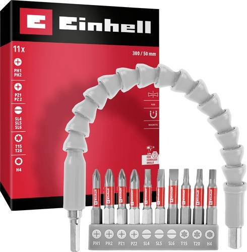 Einhell 11-teiliges Bit-Set mit flexibler Welle und Bithalter aus Stahl für Schlitz, PH, PZ, T-Profil, Innen-Sechskant und Sechskant - Bild 2