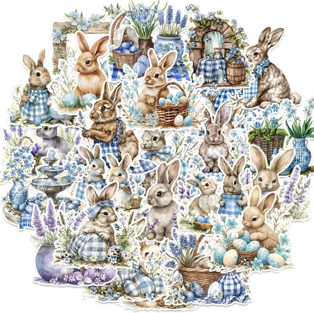 50 bis 52 Stück Ostern Kaninchen Aufkleber mit Vintage Kranz und Hasen-Motiven in Mehrfarbig für DIY Geschenke und Party Dekoration - Bild 1
