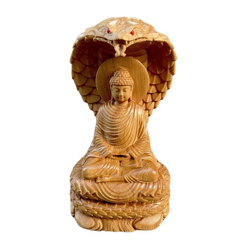 Yiran Furniture Buddha Figur Schlange beschützt aus Klippen-Zypressenholz, braun, Höhe: 12,0 cm - Bild 4
