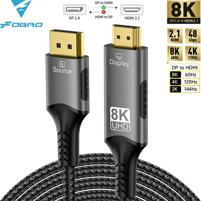 FDBRO DisplayPort zu HDMI Konverter Kabel DP 1.4 auf HDMI 2.1 in Schwarz für 8K@60Hz und 4K@120Hz mit HDR für Desktop, Laptop, PC, TV und Monitor - Bild 1