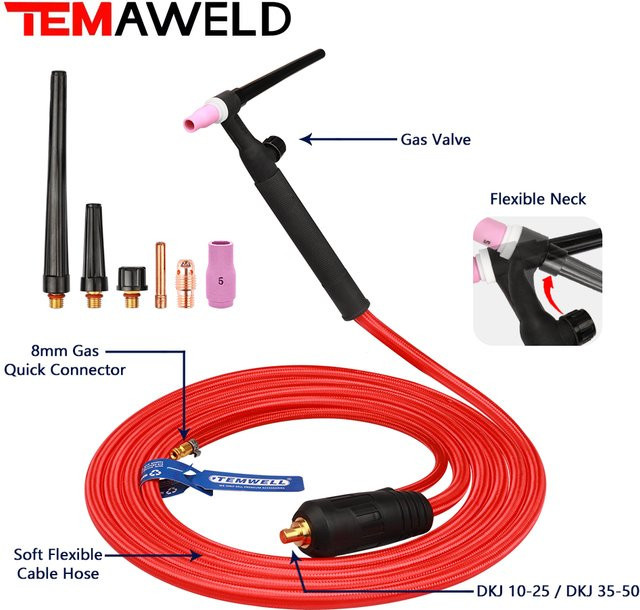 TEMAWELD WP17 WP17FV WIG-Schweißbrenner Schweißerpistole mit 3 m weichem Schlauch und flexiblem Gasventil, 150 A, DKJ10-25 und 35-50 Schnellanschluss - Bild 1