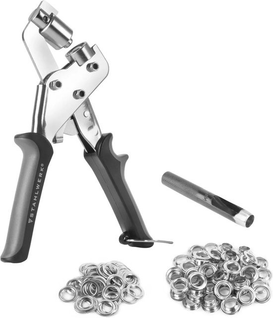STAHLWERK Ösenzange Set mit Lochstanze und 125 Ösen aus gehärtetem Stahl in Schwarz und Silber, 10 mm - Bild 1