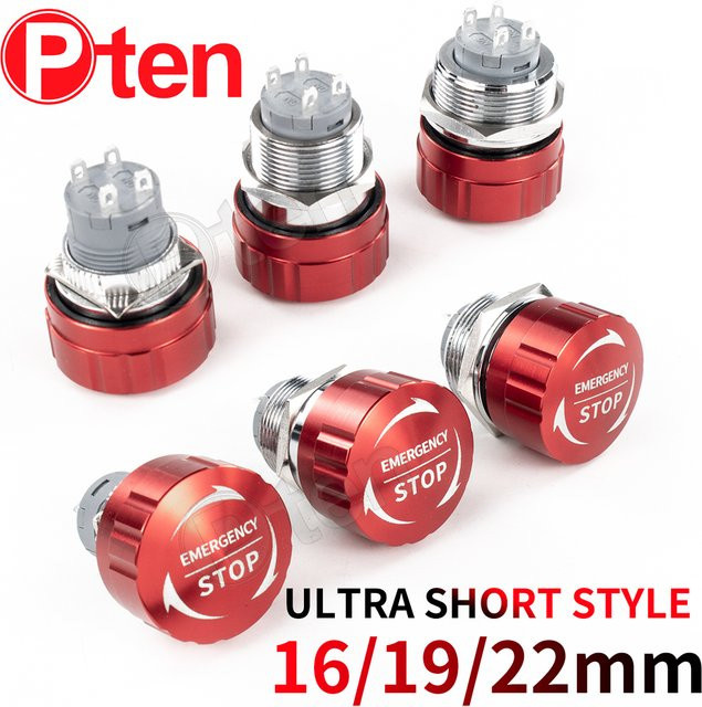 Pten Metall-Not-Aus-Schalter mit Pilzkopf in Rot, wasserdicht und rutschfest mit Rotations-Reset und Beleuchtung, Einbaumaße: 16 x 16 x 22 mm - Bild 1