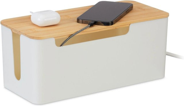 Relaxdays Kabelbox aus Kunststoff und Bambus in Weiß, B/T/H: 31 x 13 x 14 cm - Bild 1