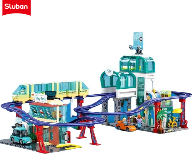 Sluban Metropolis Zentrale Straßenbahn-Station & Auto-4S-Shop, Bausteine Stadtansicht, mit Charakterfiguren - Bild 1