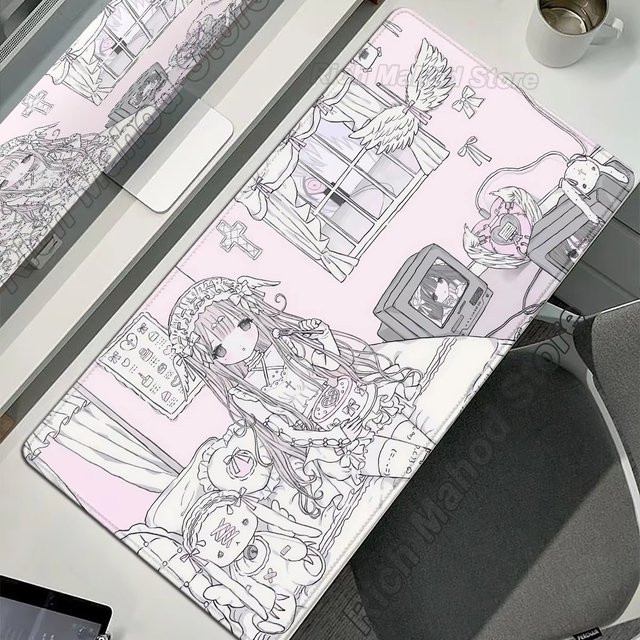 VIKAMA XXL Schreibtischunterlage Anime Kawaii Design in Pastellrosa, rutschfeste Gaming-Mausmatte für Teenager und Studenten - Bild 1