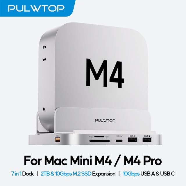 PULWTOP Dockingstation für Mac Mini M4 und M4 Pro mit M.2 SSD-Gehäuse, USB-A, USB-C 3.2, Audio-Mikrofon sowie SD/TF-Kartenslot - Bild 1