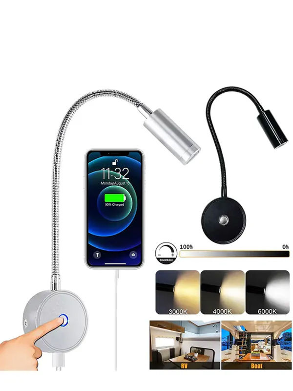 XunShiNi LED-Wandleuchte in Silber, dimmbare Leselampe mit flexiblem Schwanenhals für Wohnmobil, Boot und Van, 12-24V - Bild 5