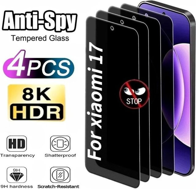 4 Stück Anti-Spionage-Hartglas Displayschutzfolie für Xiaomi 17 Pro Max 15 14 13 15T 14T 13T 12T Pro 12 11 Lite in Transparent - Bild 1