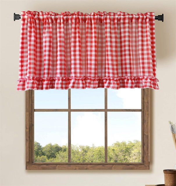 Klassische rote karierte Café-Vorhänge von Black Ant aus transparentem Voile mit Rüschen und Stangentasche - Bild 1