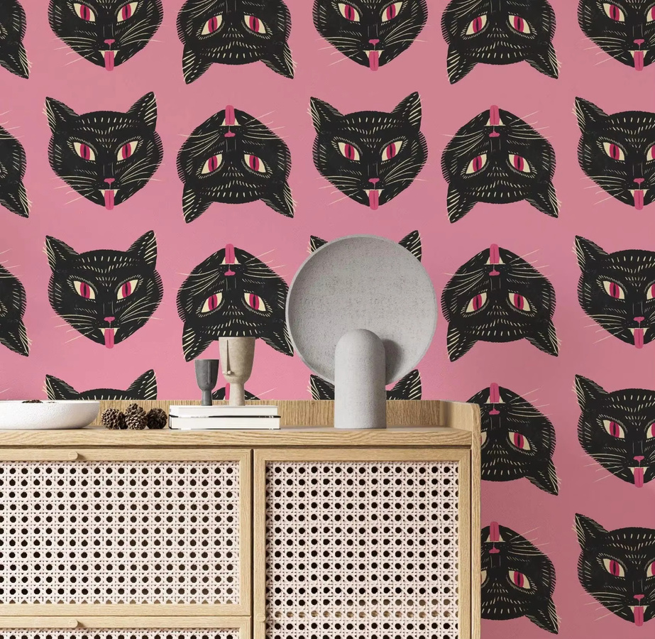 Selbstklebende Pixel&Wall Tapete mit schwarzem Katzen-Motiv im Tattoo-Stil für dein Zuhause oder Büro - Bild 2