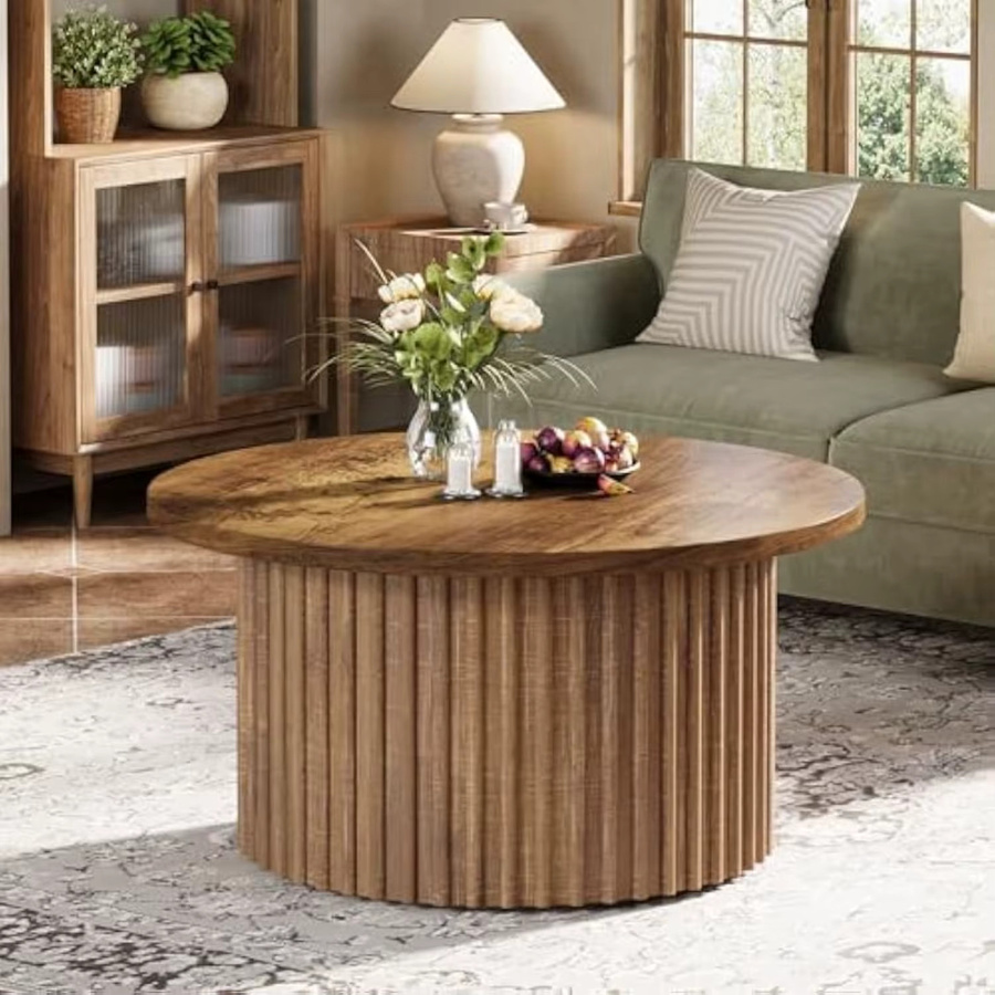 Runder Couchtisch von LITTLE TREE in Braun im Bauernhaus-Stil mit Metallsockel und Holzakzent, Durchmesser: 80 cm - Bild 2