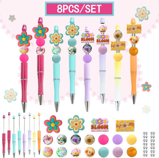 8er Set DIY Perlen Kugelschreiber mit Silikonperlen im Sonnenblumen-Design, Mehrfarbig - Bild 1