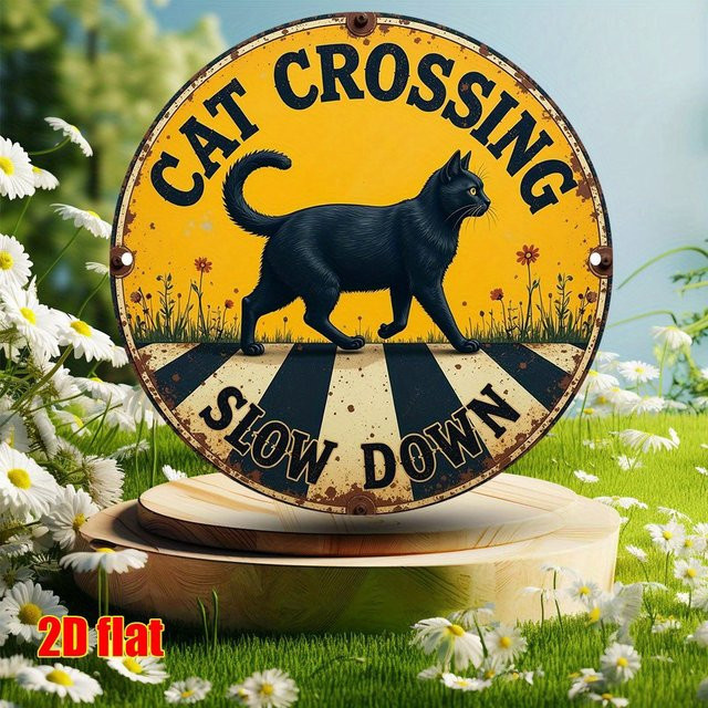 Potdemiel Vintage Metallschild Cat Crossing Slow Down Wanddekoration aus Aluminium in Schwarz und Gelb, Breite: 20,0 cm, Höhe: 20,0 cm - Bild 1