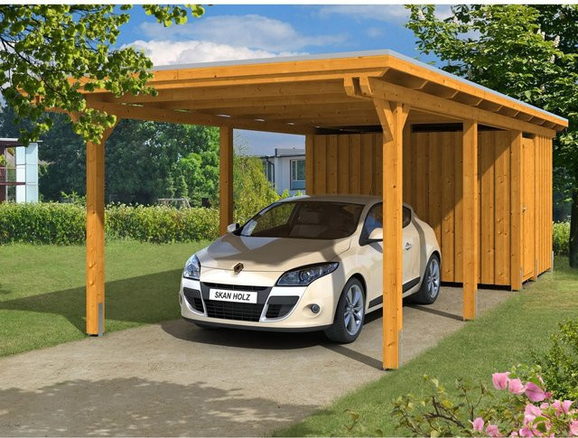 Skan Holz Carport Emsland mit Abstellraum in Eiche hell und Braun, B/T: 354 x 846 cm, Firsthöhe: 238 cm - Bild 1