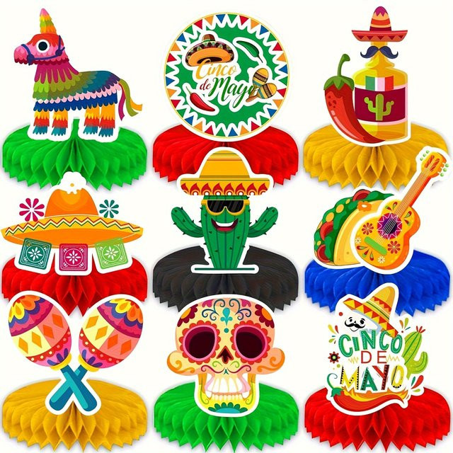 9 Stück Honeycomb Tischdekoration für Cinco De Mayo Fiesta, Mexikanisches Thema Partyzubehör, Mehrfarbig - Bild 1