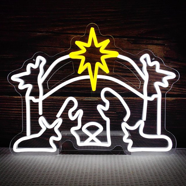 Dimmbares Weihnachtskrippe Neonschild zur Wanddekoration in Weiß mit USB-Anschluss - Bild 1