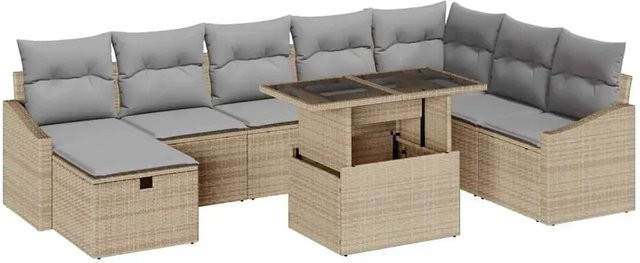 vidaXL Garten-Sofa-Set aus Poly-Rattan in Beige mit 9 Teilen, L-Form mit Eckelement, Ottoman und Couchtisch, UV-beständig und inklusive Polsterkissen - Bild 1