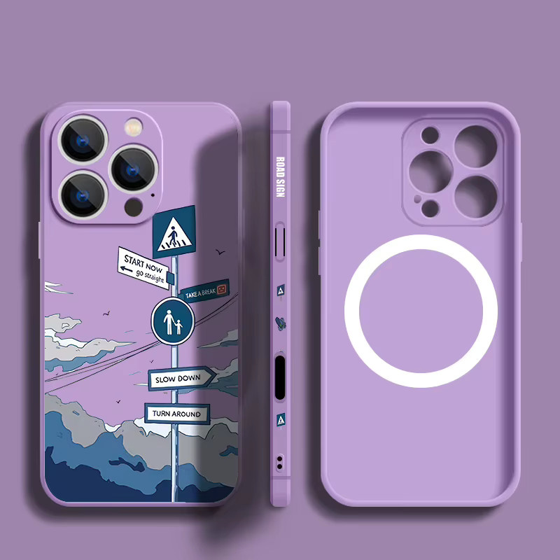 YISHANGOU Straßenschild Handyhülle mit Magnet und Lanyard aus weichem TPU für iPhone 16 15 14 13 12 Pro Max 11, stoßfest, Farben: Beige, Weiß, Lila - Bild 2