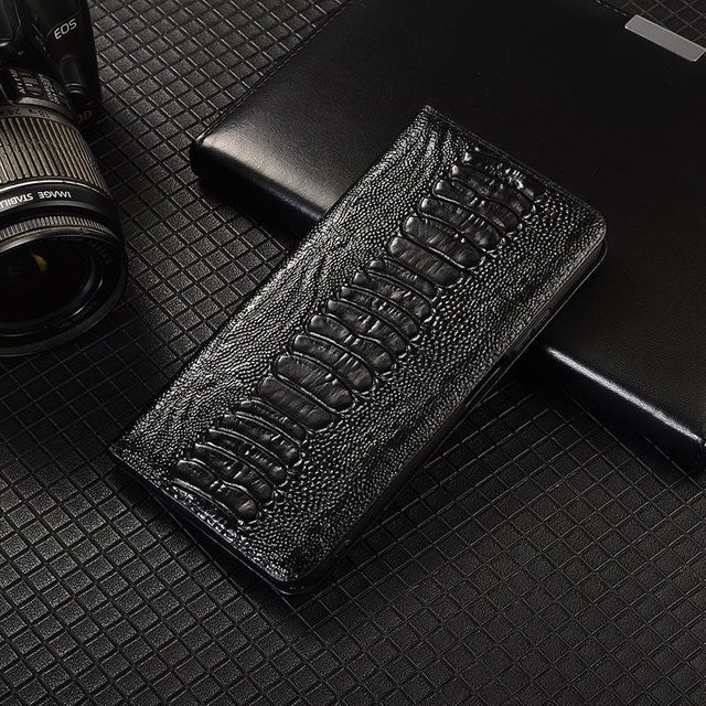Echte Leder Klapphülle mit Straußenmuster für Samsung Galaxy A37 5G und Galaxy A57 5G in Schwarz mit Kartenfächern und Kratzschutz - Bild 1