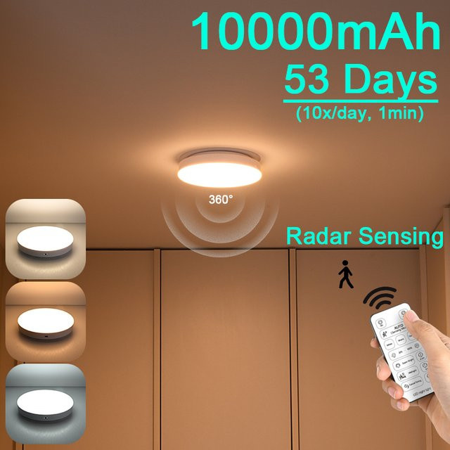 LINYILIGHT Kabellose LED-Deckenleuchte mit Radar-Bewegungssensor, dimmbar, weiß, mit Fernbedienung und wiederaufladbarem Akku für Flure - Bild 1