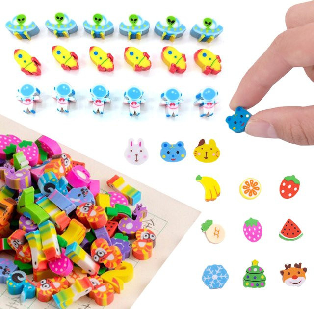 ZYF Mini-Radiergummis in bunten Farben mit Tier- und Fruchtmotiven, 100 Stück - Bild 1