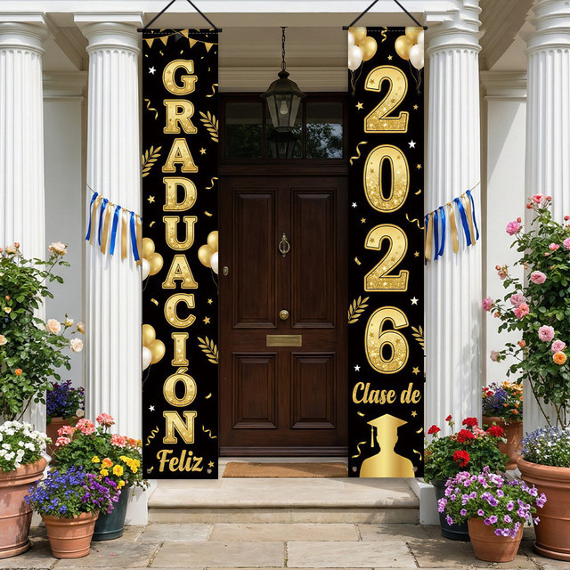 OURFETE Feliz Graduación Türbanner-Set für die Abschlussfeier 2026, Spanisches Graduierungsbanner in Schwarz und Gold zur Veranda-Dekoration - Bild 1