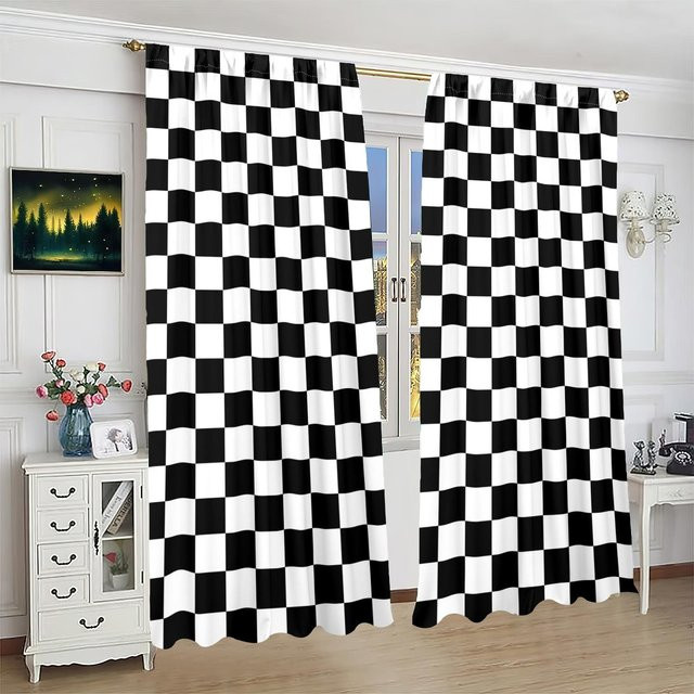 2er-Set karierte Sichtschutzvorhänge aus Polyester in modernem Design, semi-transparent, Breite: 76,2 cm, Höhe: 165,1 cm - Bild 1