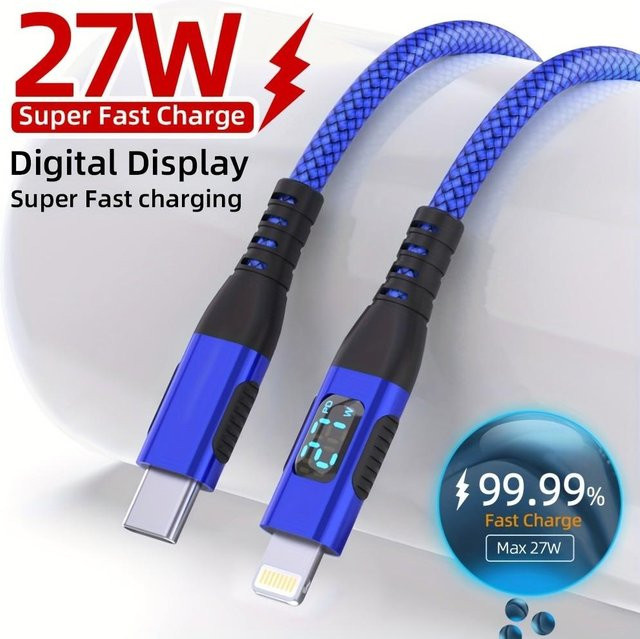 LAIHONEN USB-C zu Lightning Kabel mit LED-Anzeige und blauer Nylon-Ummantelung für schnelles Laden von iPhone und iPad - Bild 1