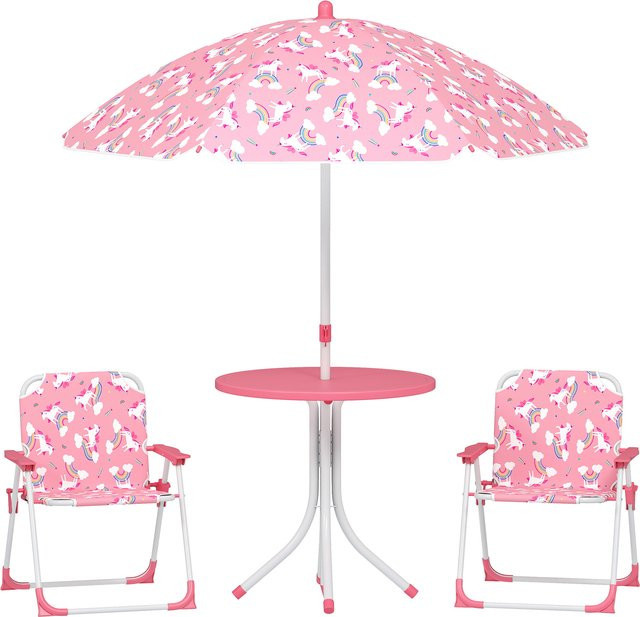 AIYAPLAY Kindersitzgruppe mit Sonnenschirm und 2 Klappstühlen, höhenverstellbare Kindersitzgarnitur für Garten und Strand, Rosa - Bild 1
