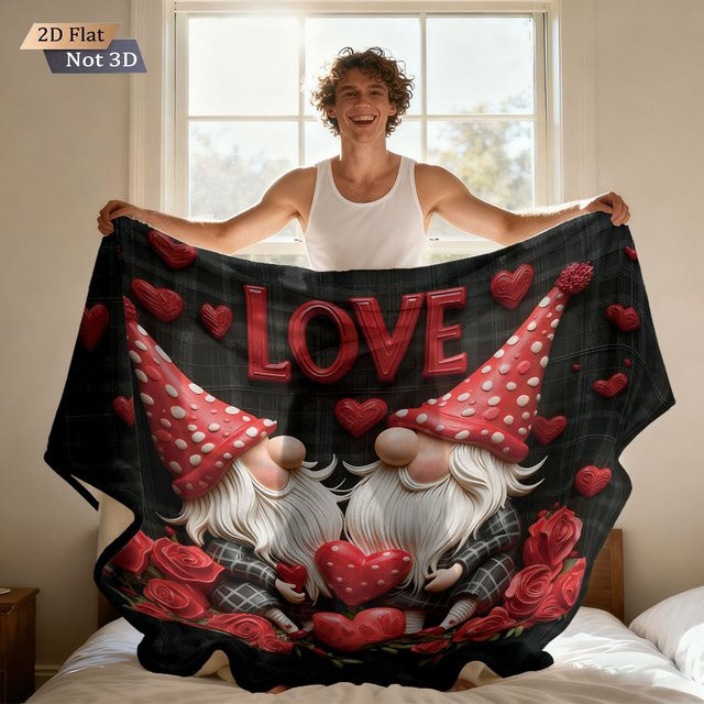 Weiche Flanelldecke mit Zwergen-Print für Valentinstag, Rot, Polyester - Bild 1