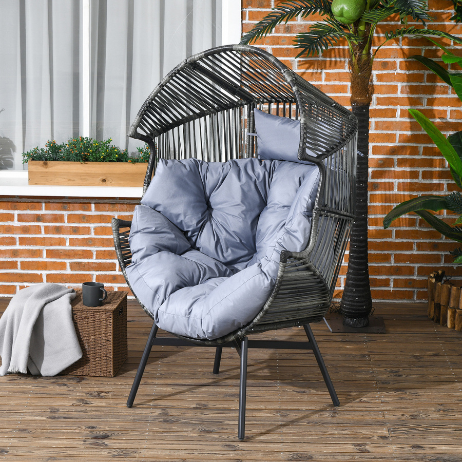 Outsunny Rattansessel in Eiform mit dickem Sitzkissen, moderner Korbsessel für Garten und Terrasse, Grau - Bild 2