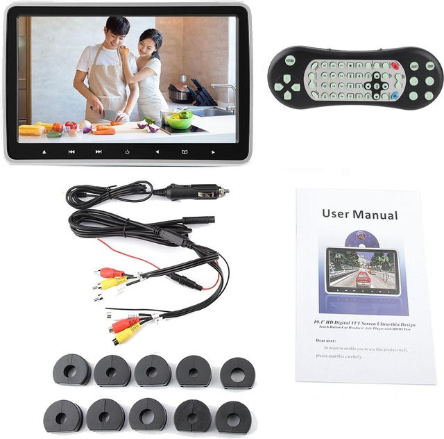 Aimo 10,1 Zoll TFT HD Auto-Kopfstützen-DVD-Player zum Anklemmen mit HDMI, USB und 3,5 mm Klinke in Schwarz - Bild 1