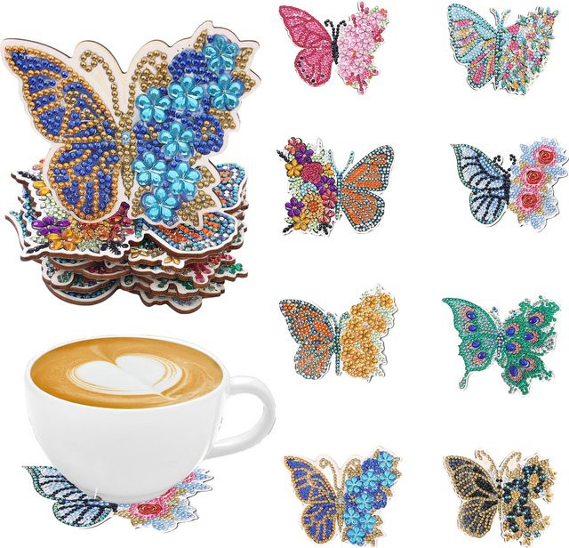 8-teiliges DIY-Diamant-Malerei-Kunstset mit Schmetterlingsmuster und Untersetzern in Multicolor - Bild 1