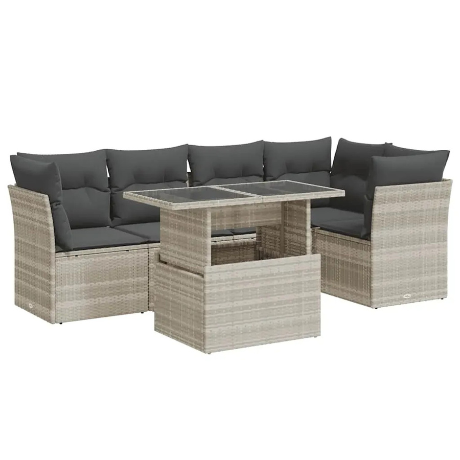 vidaXL 6-teilige Garten-Sofagarnitur in L-Form aus Poly-Rattan in Hellgrau mit Kissen und Stauraum - Bild 2