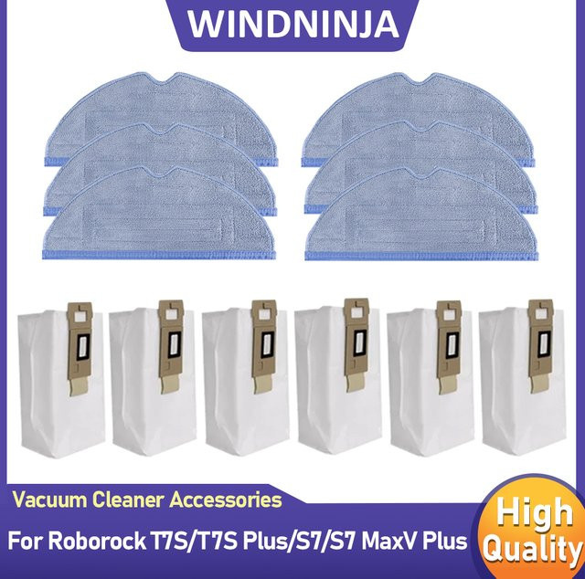 WINDNINJA Zubehör Set für Roborock T7S, T7S Plus, S7 und S7 MaxV Plus mit Mopptüchern und Staubbeuteln in Weiß - Bild 1