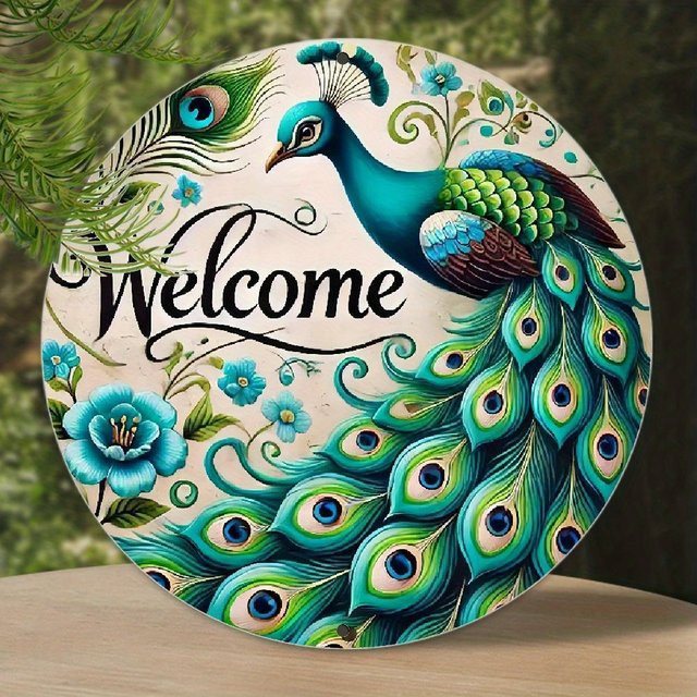 Potdemiel Peacock Welcome Sign 2D Flat Aluminium-Wandkunst mit blauem und grünem Feder-Design, B/H: 20,32 x 20,32 cm - Bild 1