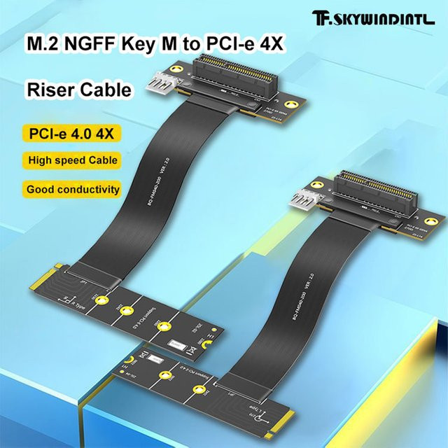 T.F.SKYWINDINTL M.2 Key M auf PCI-E 4.0 4X Adapterkarte mit 270 Grad Verlängerungskabel für NVMe, Schwarz, Länge: 20 cm - Bild 1