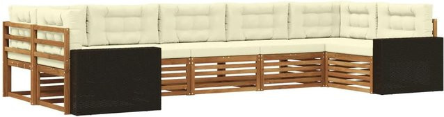 vidaXL Outdoor-Sofagarnitur aus Akazienholz in L-Form mit 7 Kissen in Natur und Creme - Bild 1