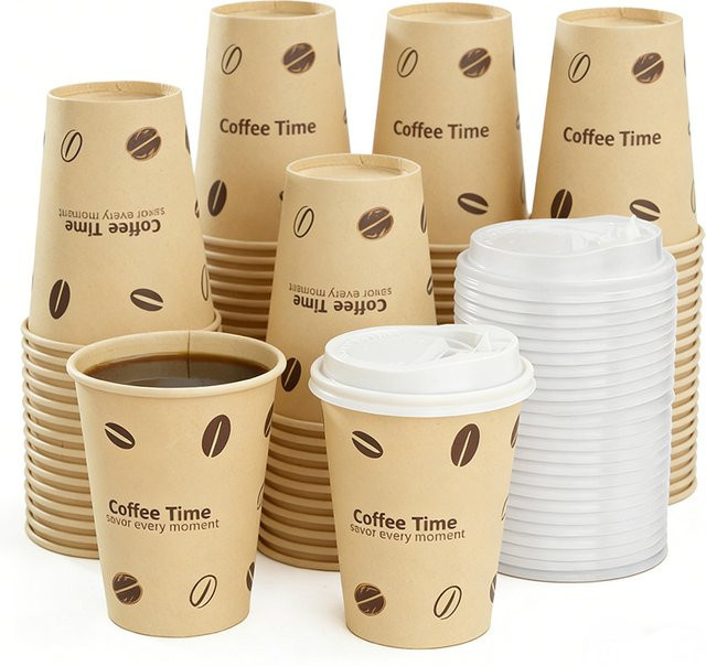 Einweg-Kaffeebecher aus Papier mit Deckel von Easy Time, 12oz, aus Bambuszellstoff, beige, für heiße und kalte Getränke - Bild 1